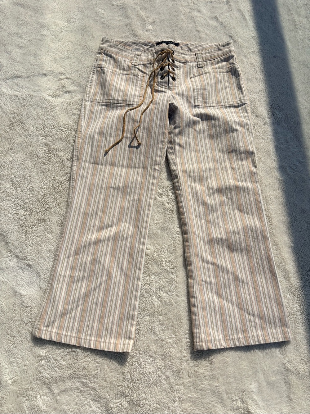 Theory Striped Capri Pants Lace-Up Beach Coastal Boho Size 6 Cream Green Pink - Picture 2 of 7